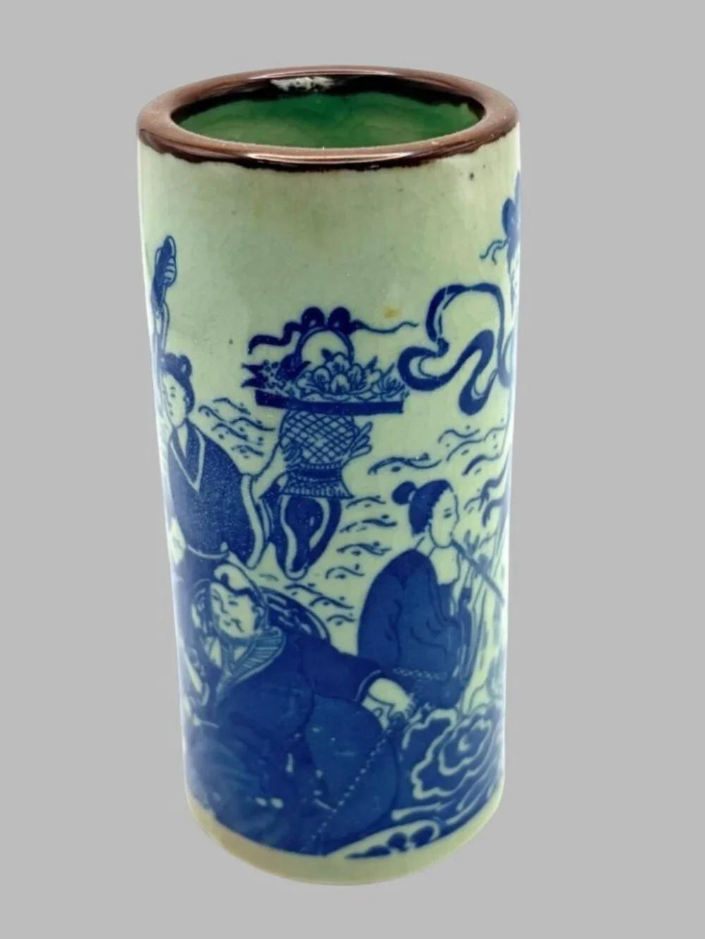 Vintage Kangxi Marked Jingdezhen Porcelain Blue White Celadon Brush Pot